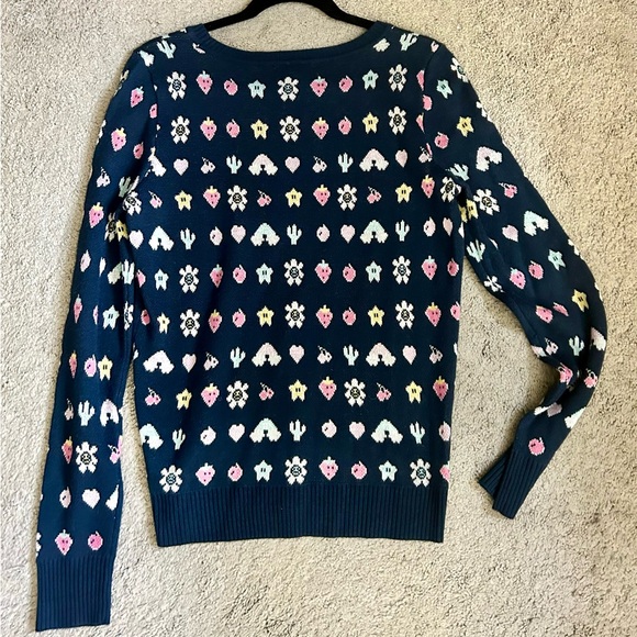 Saks 5th Fifth Avenue Crewneck Sweater Womens Large Navy Blue Pullover Emoticon - Picture 2 of 5